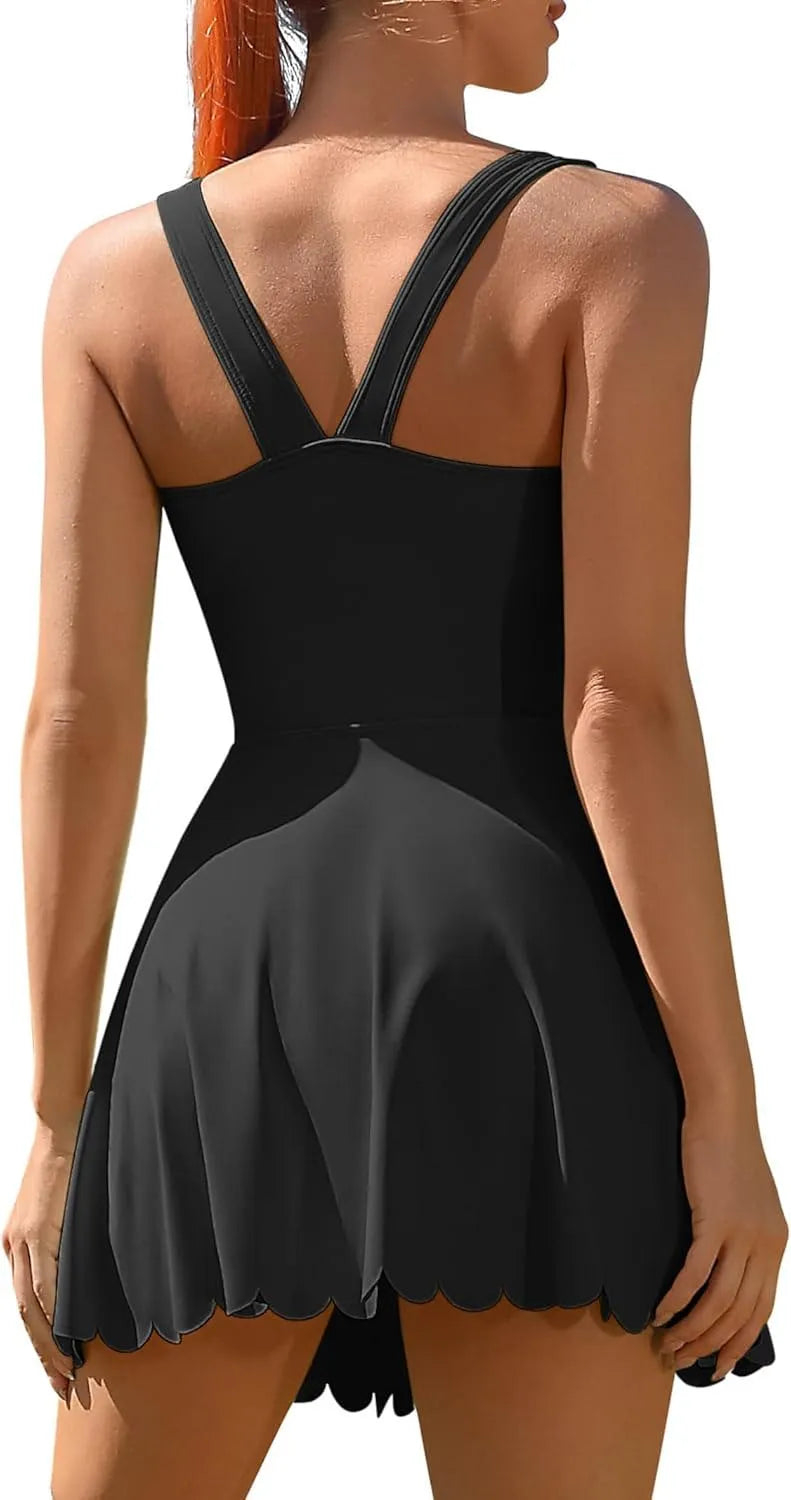 Women's Sleeveless Suspender Scalloped Athletic Dresses with Pockets