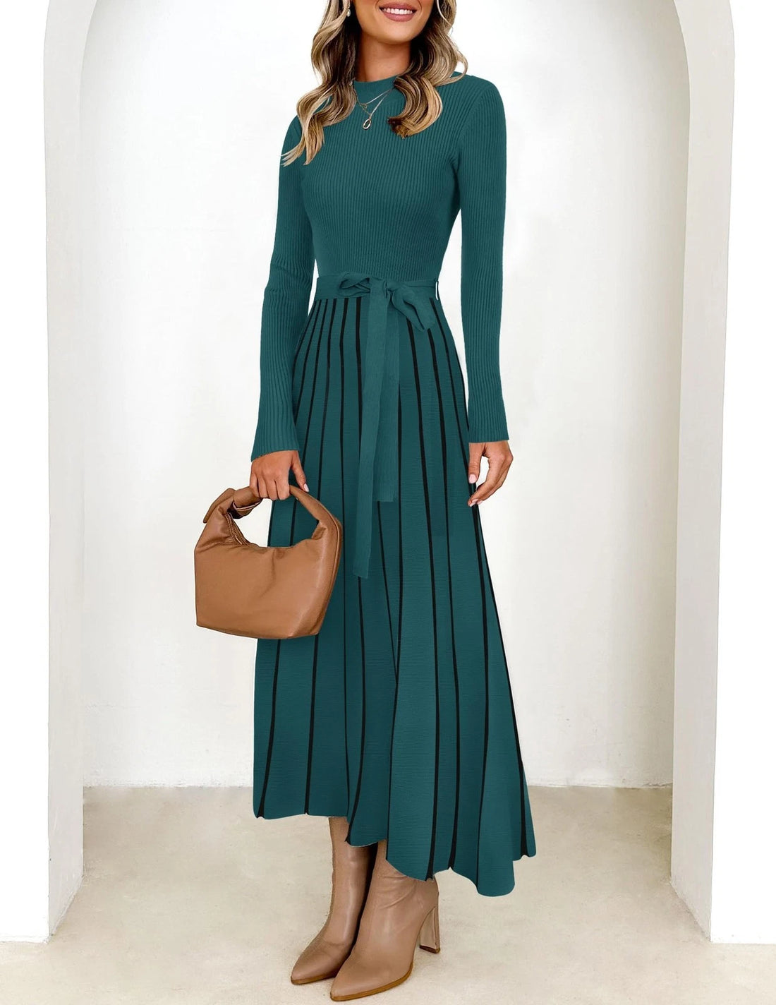 Womens Turtleneck Sweater Dress Tie Waist Casual Loose Ribbed Knit A Line Midi Dresses
