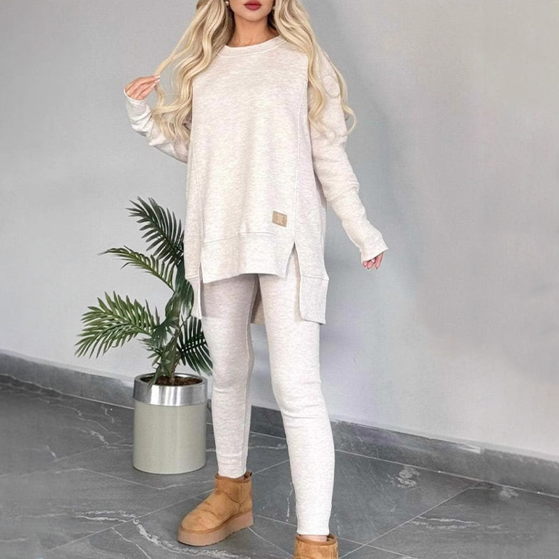 Slit High Low Hem Sweatshirt and Bodycon Pants Set