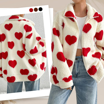 Women’s Warm Heart Print Full Zip Coats