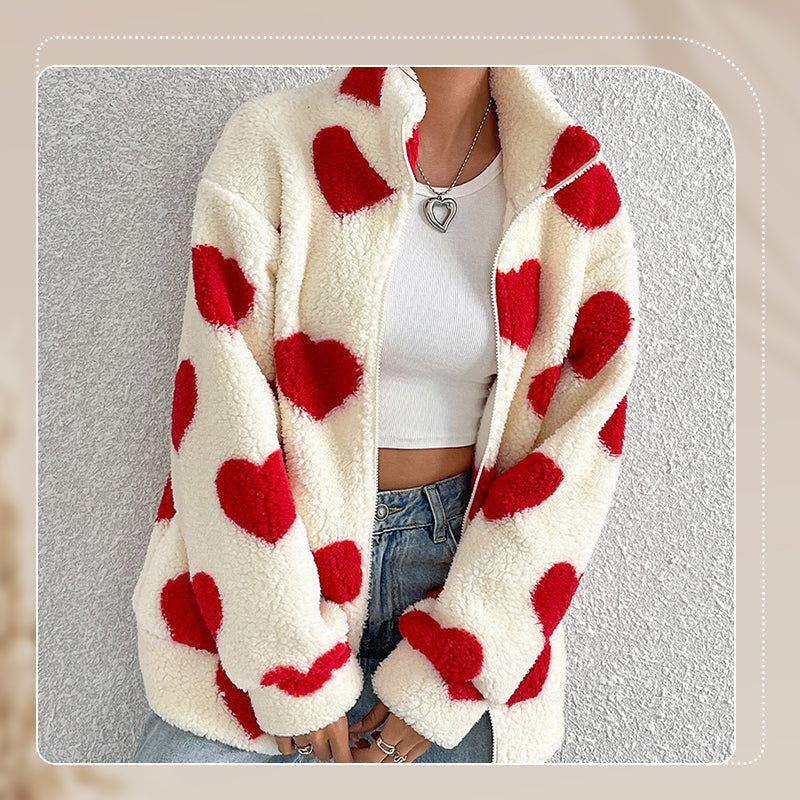 Women’s Warm Heart Print Full Zip Coats