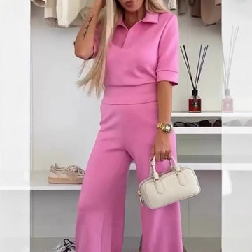 Solid Color Lapel Top and Wide Leg Pants 2-Piece Set