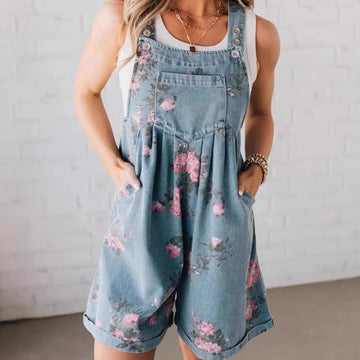 Vintage Floral Printed Denim Jumpsuit