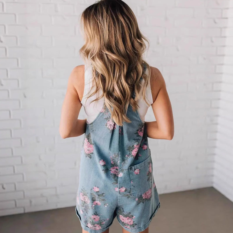 Vintage Floral Printed Denim Jumpsuit