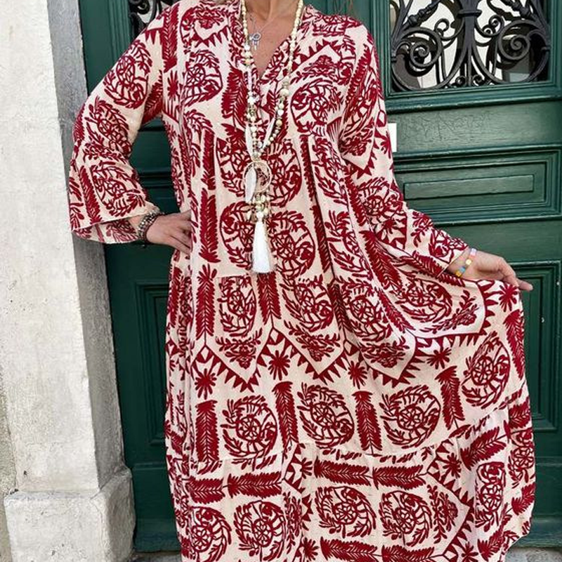 Women's Printed V-Neck Pleated Dress