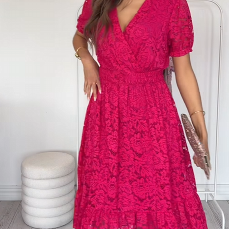 Women's V-Neck Floral Lace Short Sleeve Dress