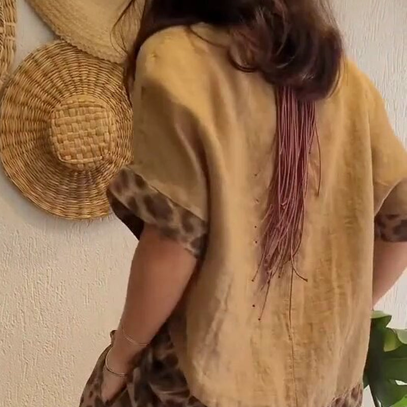 Stylish Patchwork Short Sleeve Top and Wide Leg Pants(2 Piece Set)