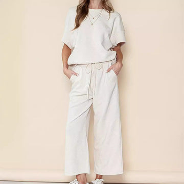 Casual Loose Solid Color Short Sleeve Top and Wide Leg Pants Two-Piece Set