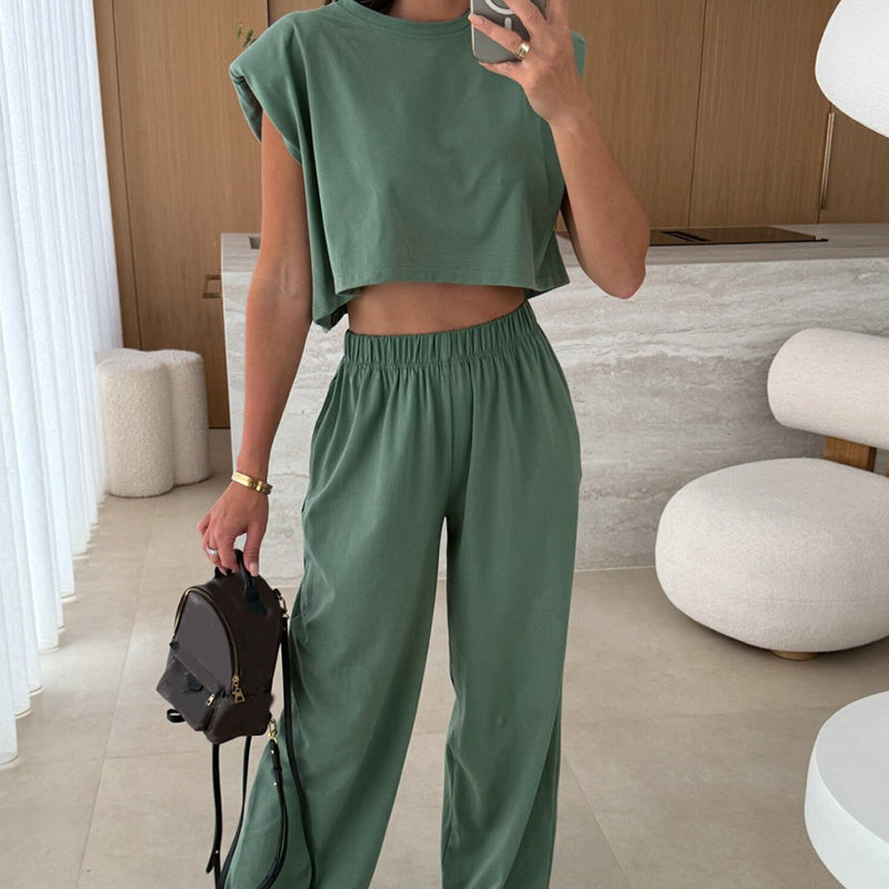 Women's Casual Cropped Top and Full-Length Pants Set