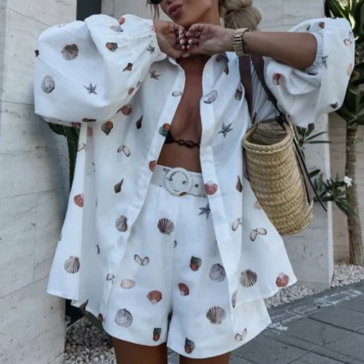 Women's Casual Printed Long Sleeve Shirt and Shorts Pants Set