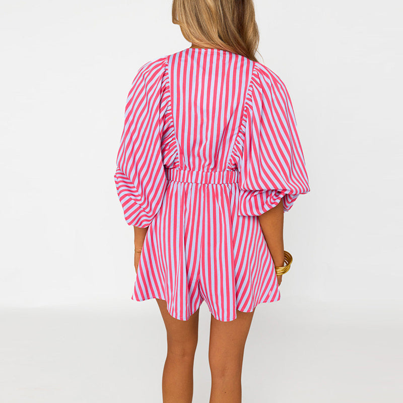 Women's V-Neck Striped Long-Sleeve Short Dress