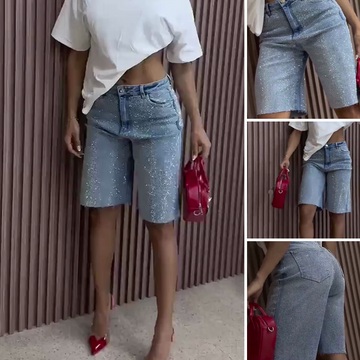 Women's Summer Sparkly Rhinestone Blue Denim Shorts