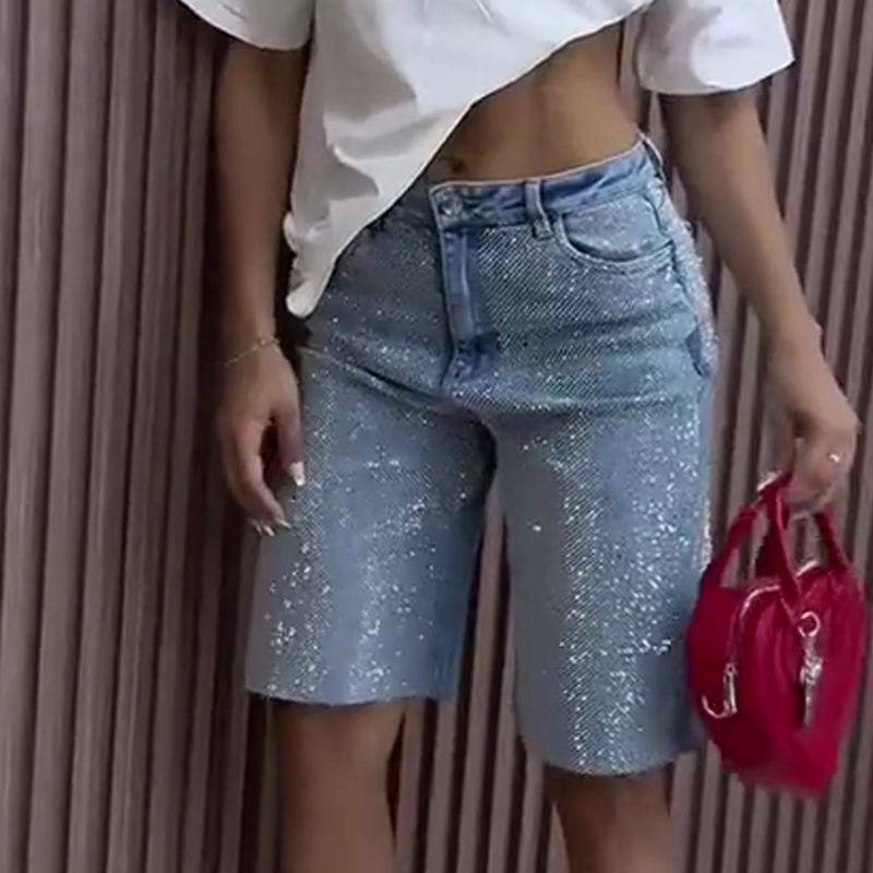 Women's Summer Sparkly Rhinestone Blue Denim Shorts