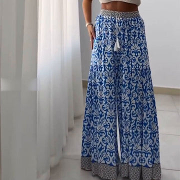 Printed High-Waisted Wide Leg Pants with Pockets