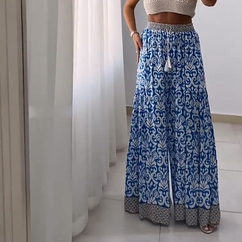 Printed High-Waisted Wide Leg Pants with Pockets