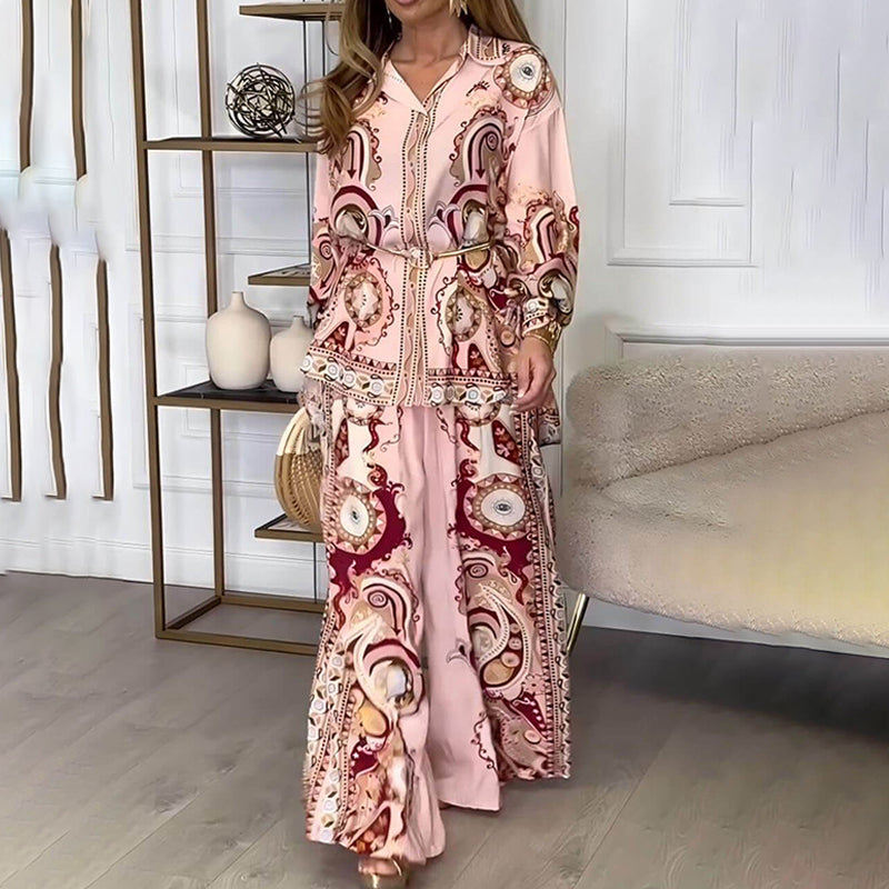Women’s Ethnic Print Top and Wide Leg Pants 2-Piece Set