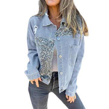 Fashionable Leopard Print Patchwork Denim Jacket