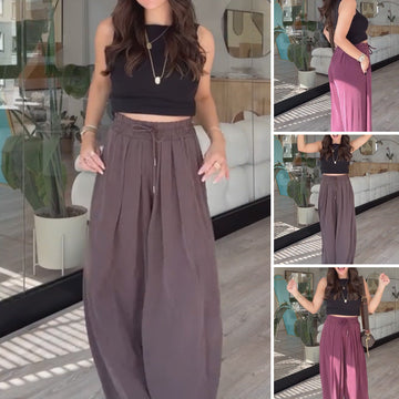 Solid Drapey Drawstring Wide-Leg Pants