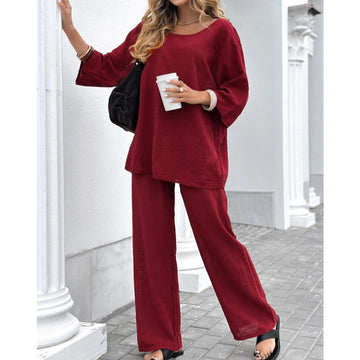 Women's Casual Solid Color Long Sleeve Top and Pants Set