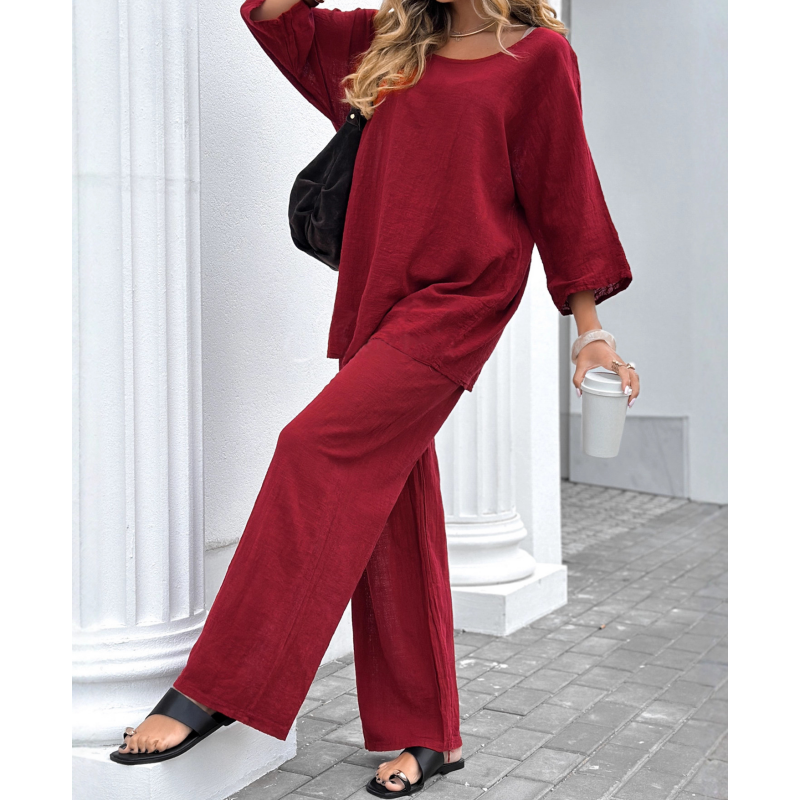Women's Casual Solid Color Long Sleeve Top and Pants Set