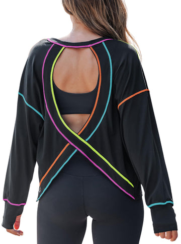 Women's Contrast Color Open Back Long Sleeve Sports Top
