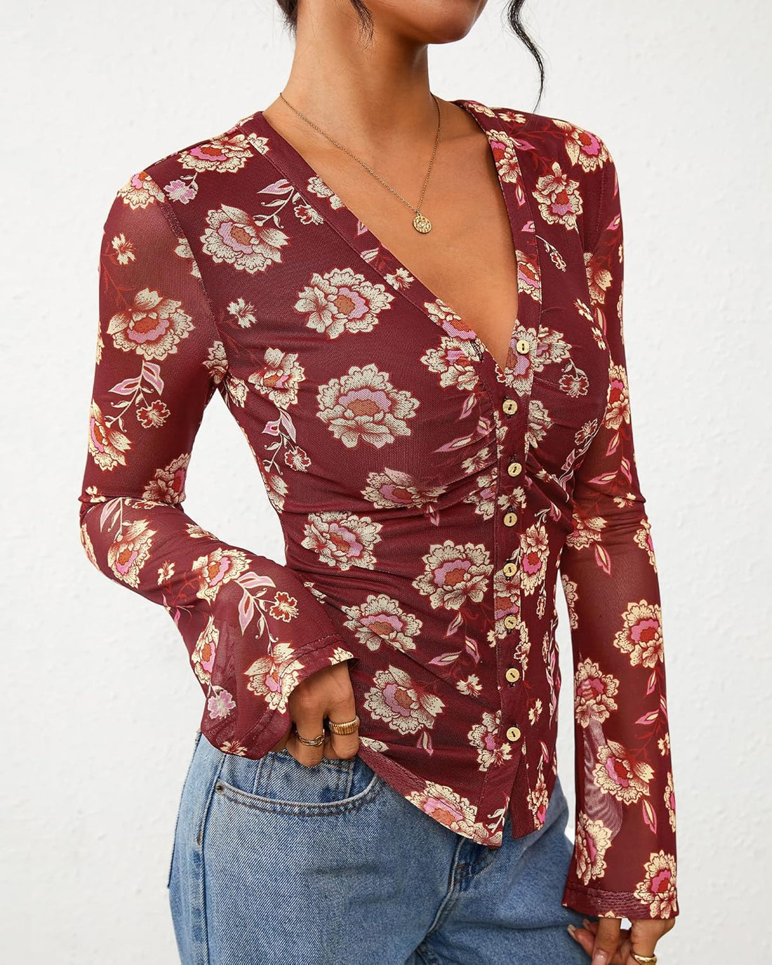 Womens V Neck Long Sleeve Blouse Ruched Mesh Fitted Floral Print Button Down Shirts