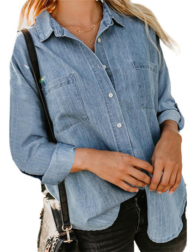 Spring Autumn New Extra Loose Pockets Roll-up Sleeves Women Shirts