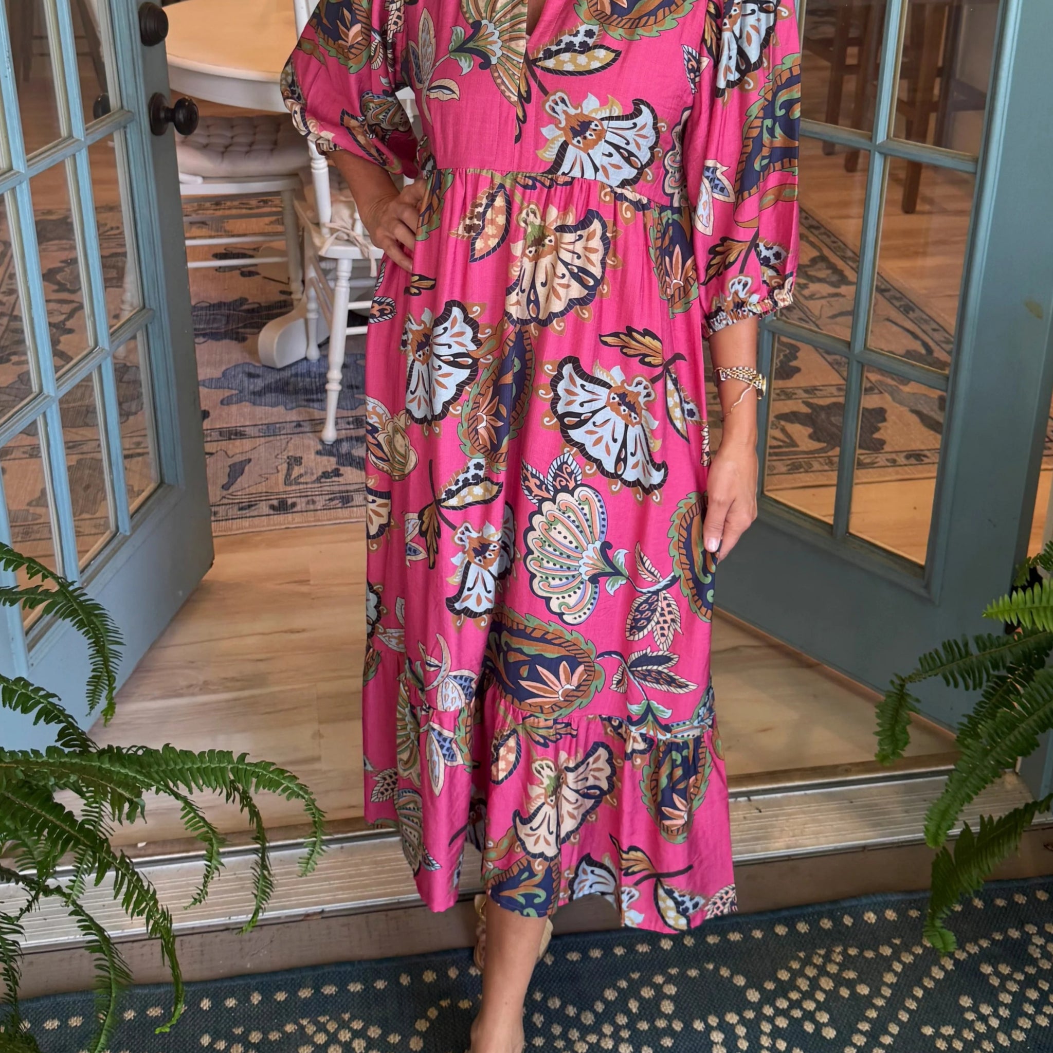 Women's V-neck Mid Sleeve Floral Printed Maxi Dress