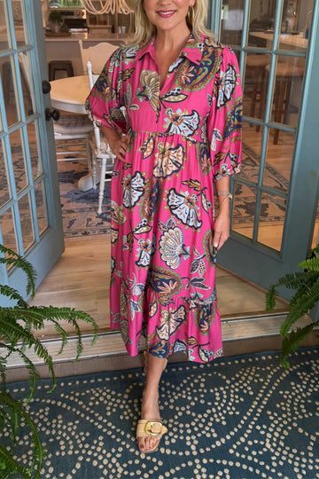 Women's V-neck Mid Sleeve Floral Printed Maxi Dress