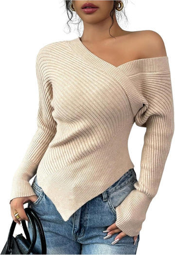 Women's Off Shoulder Ribbed Knit Wrap Asymmetrical Sweater