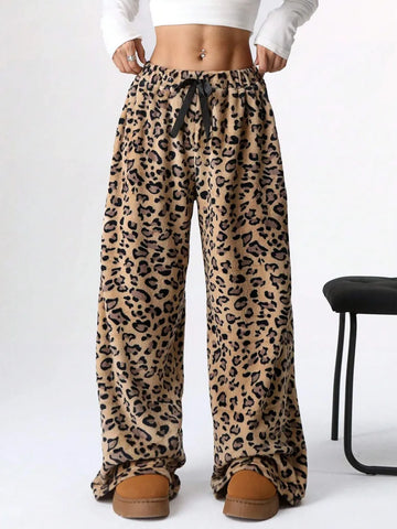 Women's Tie-Waist Fluffy Print Casual Wide Leg Baggy Pants