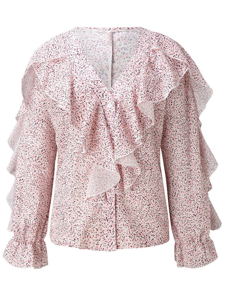 Women's Vintage Printed V Neck Ruffle Elegant Chiffon Shirt