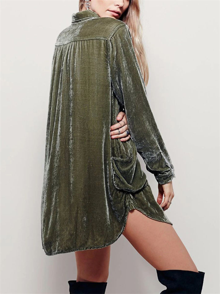 Women's Velvet Sexy V Neck Irregular Hem Mini Shirt Dress