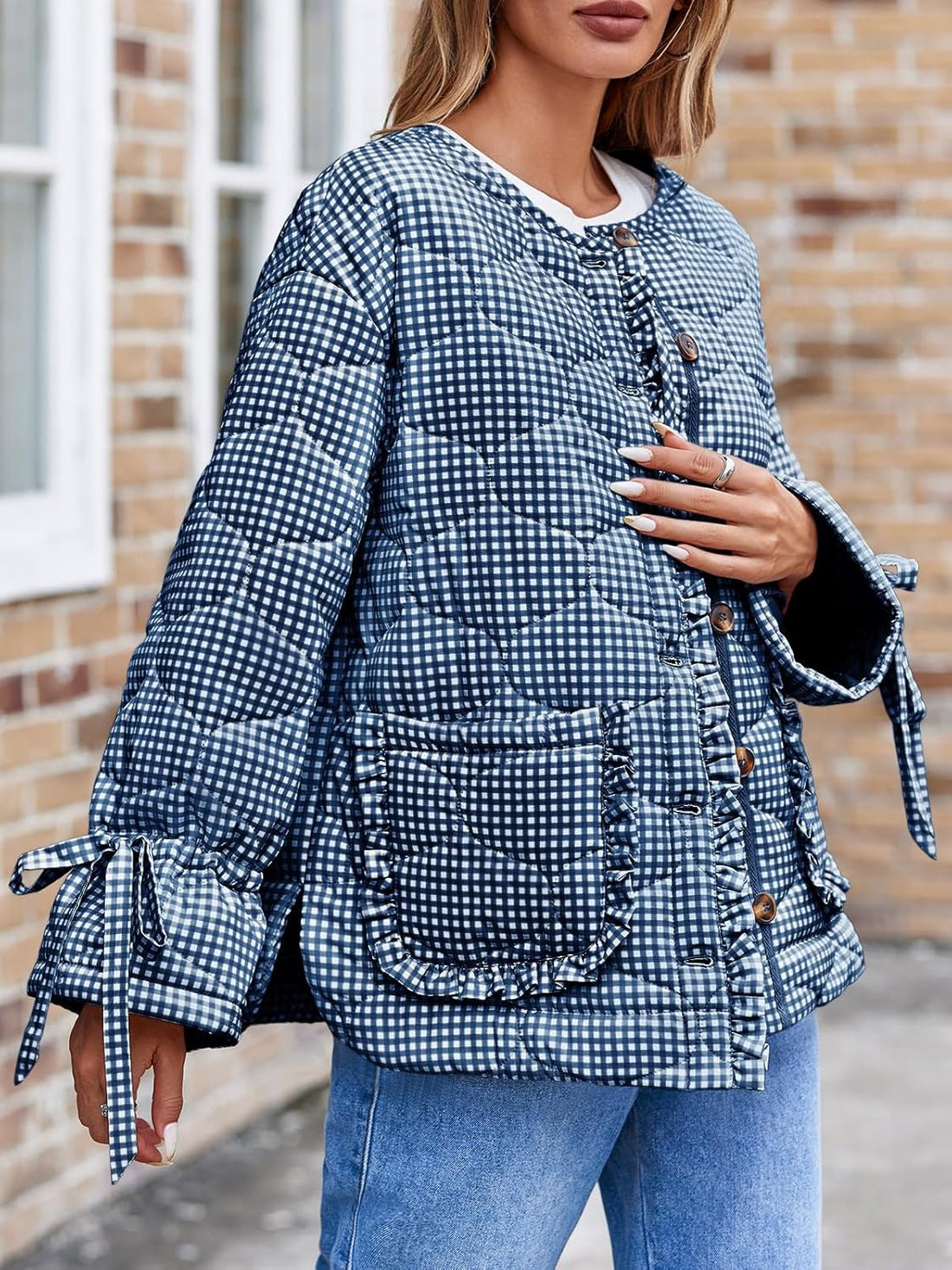Womens Quilted Puffer Jackets Lightweight Plaid Button Down Bow Padded Down Coat