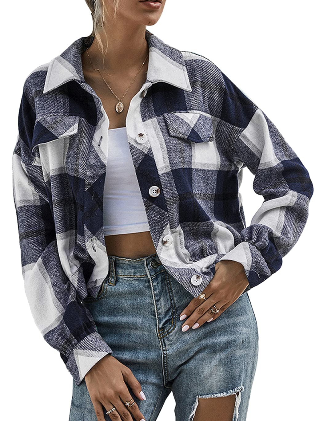 Women's Flannel Plaid Button Down Cropped Jacket