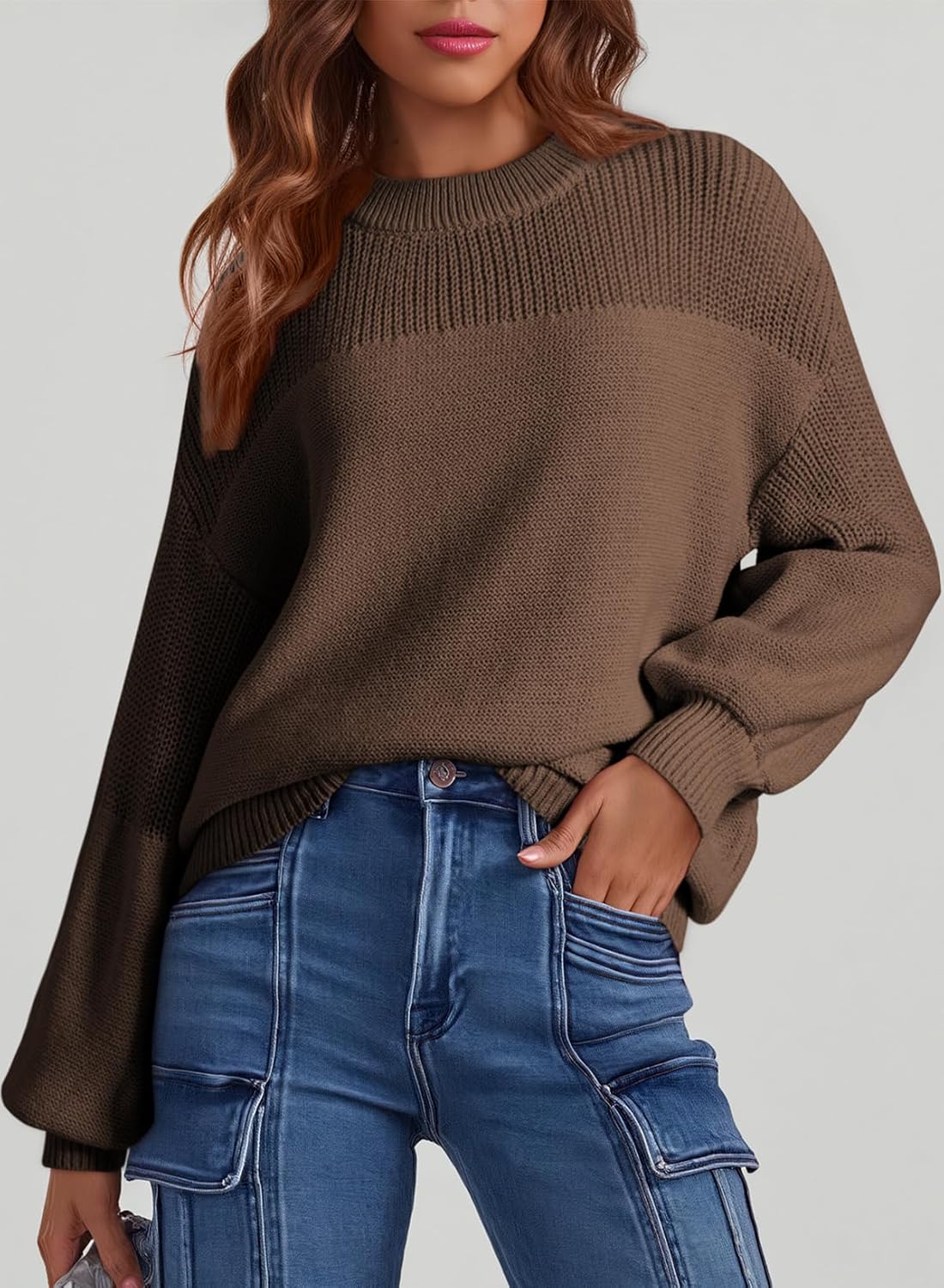 Women's Casual Long Sleeve Sweaters Loose Crewneck Knit Solid Pullover Sweater