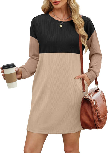 Womens Ribbed Color Block Long Sleeve Mini Dresses with Pockets