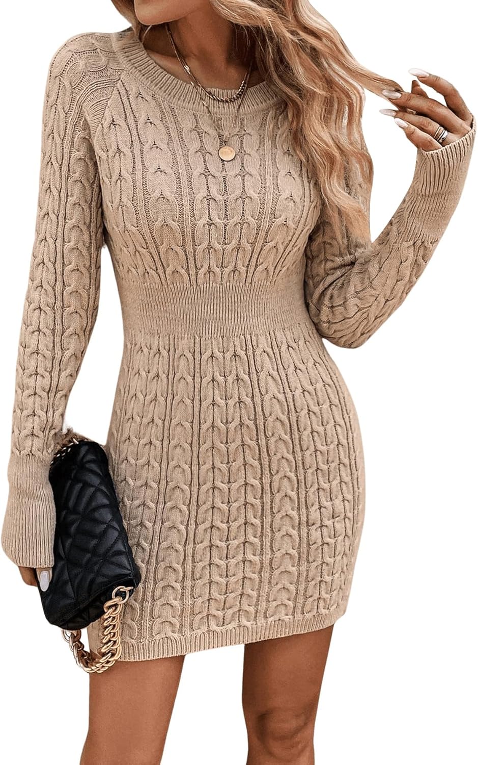 Women's Cable Knit Sweater Dress Long Sleeve Crewneck Mini Pencil Dress