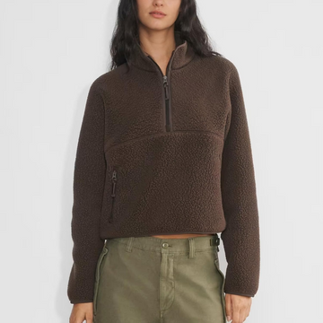 Womens Cropped Half Zip Fuzzy Warm Sherpa Fleece Pullover with Zipper Pockets