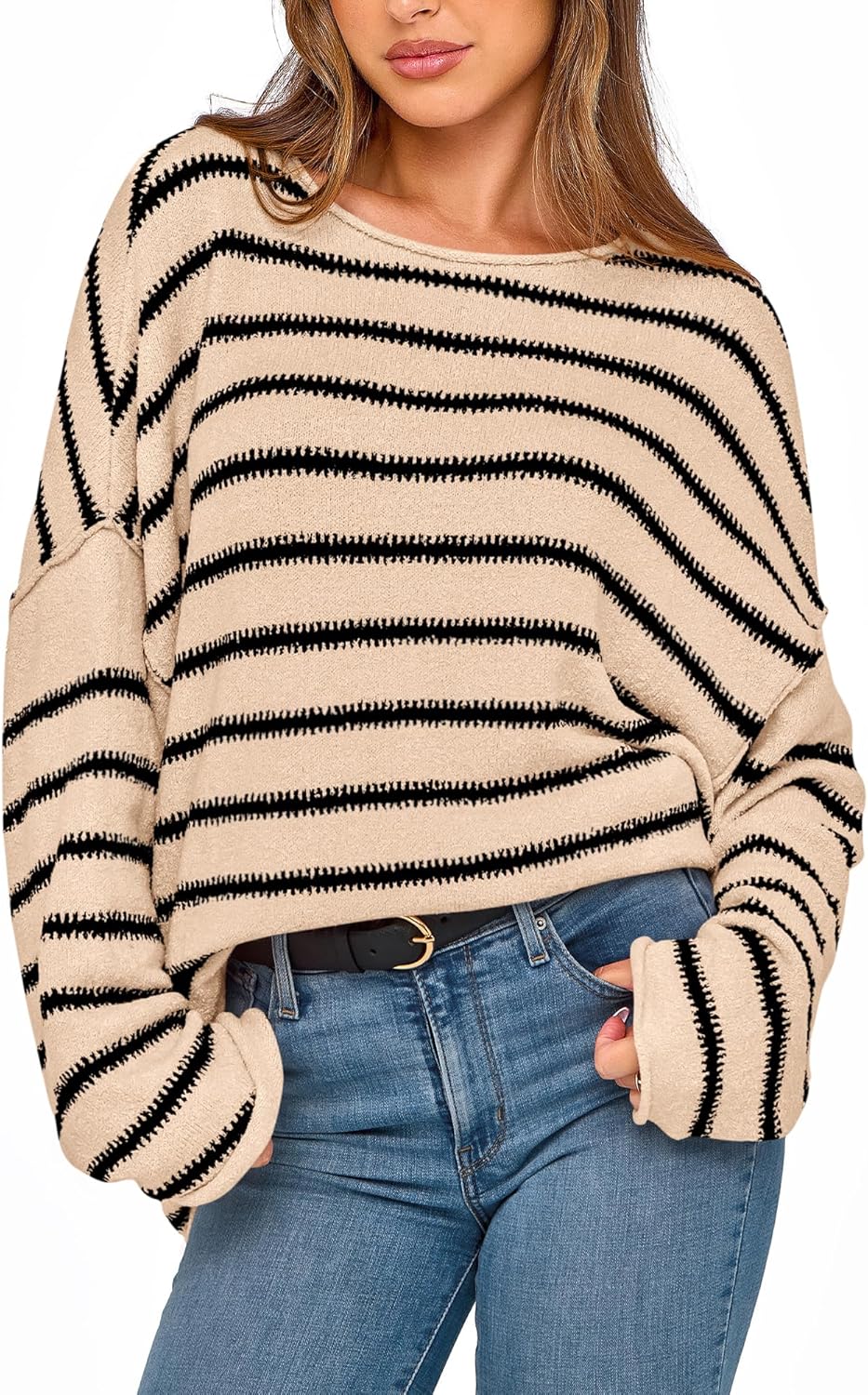 Women's Boat Neck Off Shoulder Oversized Striped Knit Sweaters