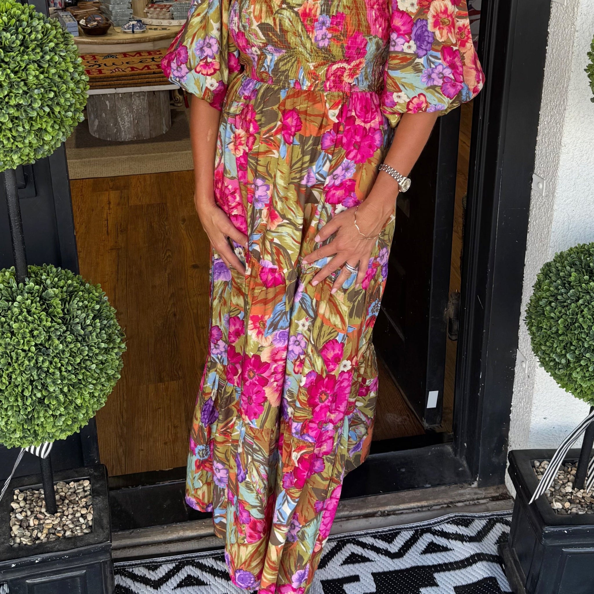 Women's Puff Sleeve Floral Garden Maxi Dress