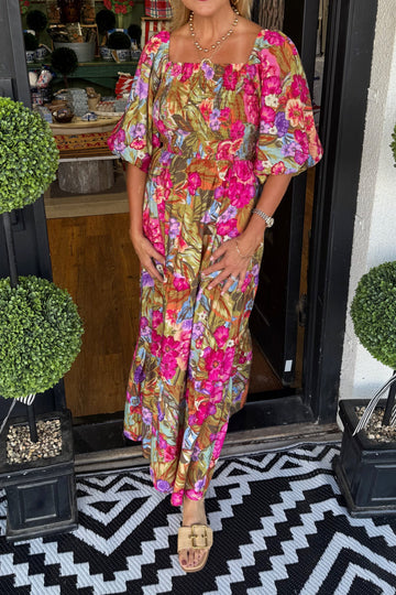 Women's Puff Sleeve Floral Garden Maxi Dress