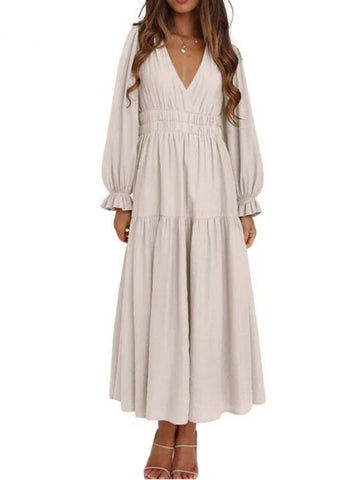 Women’s Deep V Neck Long Sleeve Elastic Waist Maxi Dress