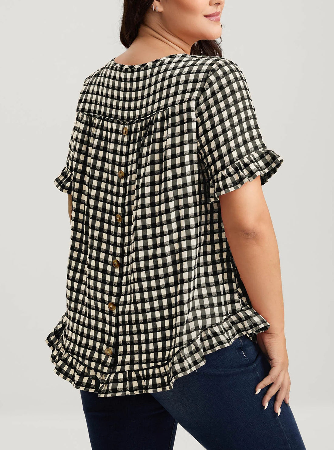 Women's Check Print Ruffle Sleeve Crew Neck T-Shirt