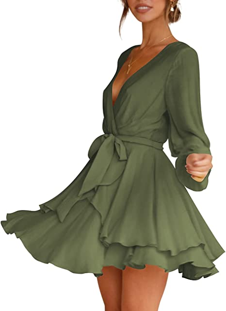 Women‘s Deep V-Neck Long Sleeve Waist Mini Swing Skater Dresses