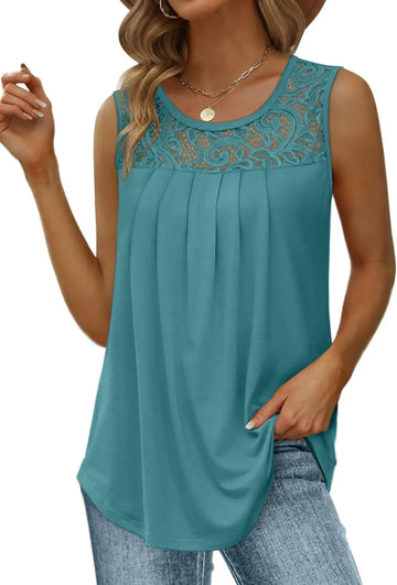 Women's Loose Fit Pleated Scoop Neck Sleeveless Lace Tank Tops