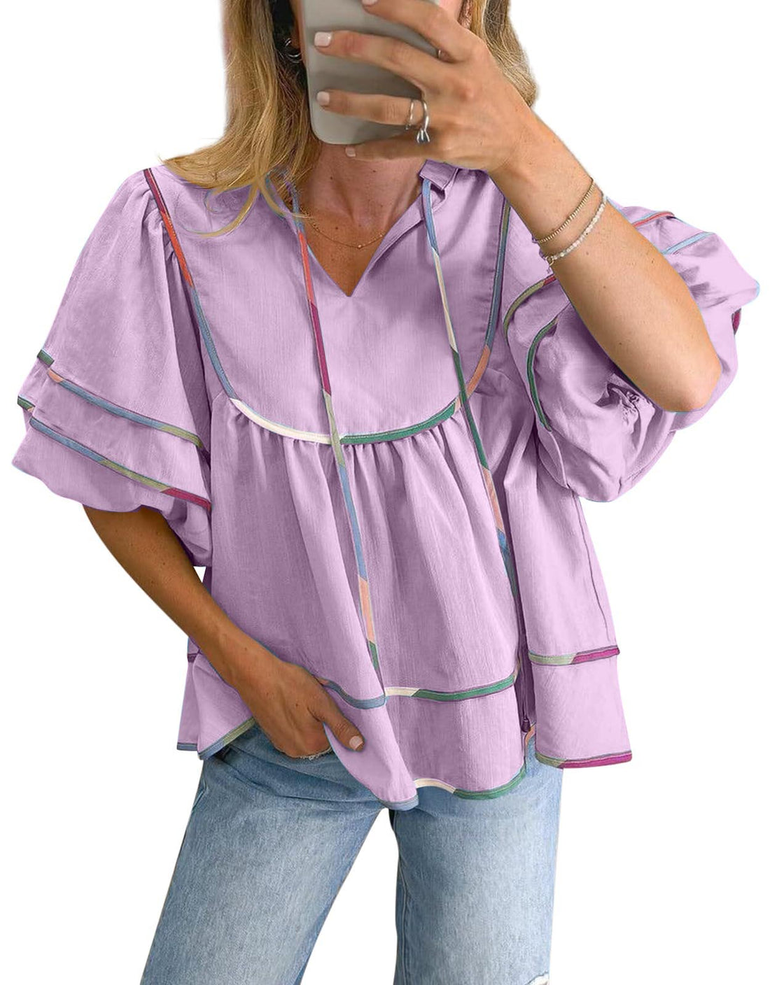 Women's V-neck Cropped Lantern Sleeve Babydoll Shirt Top