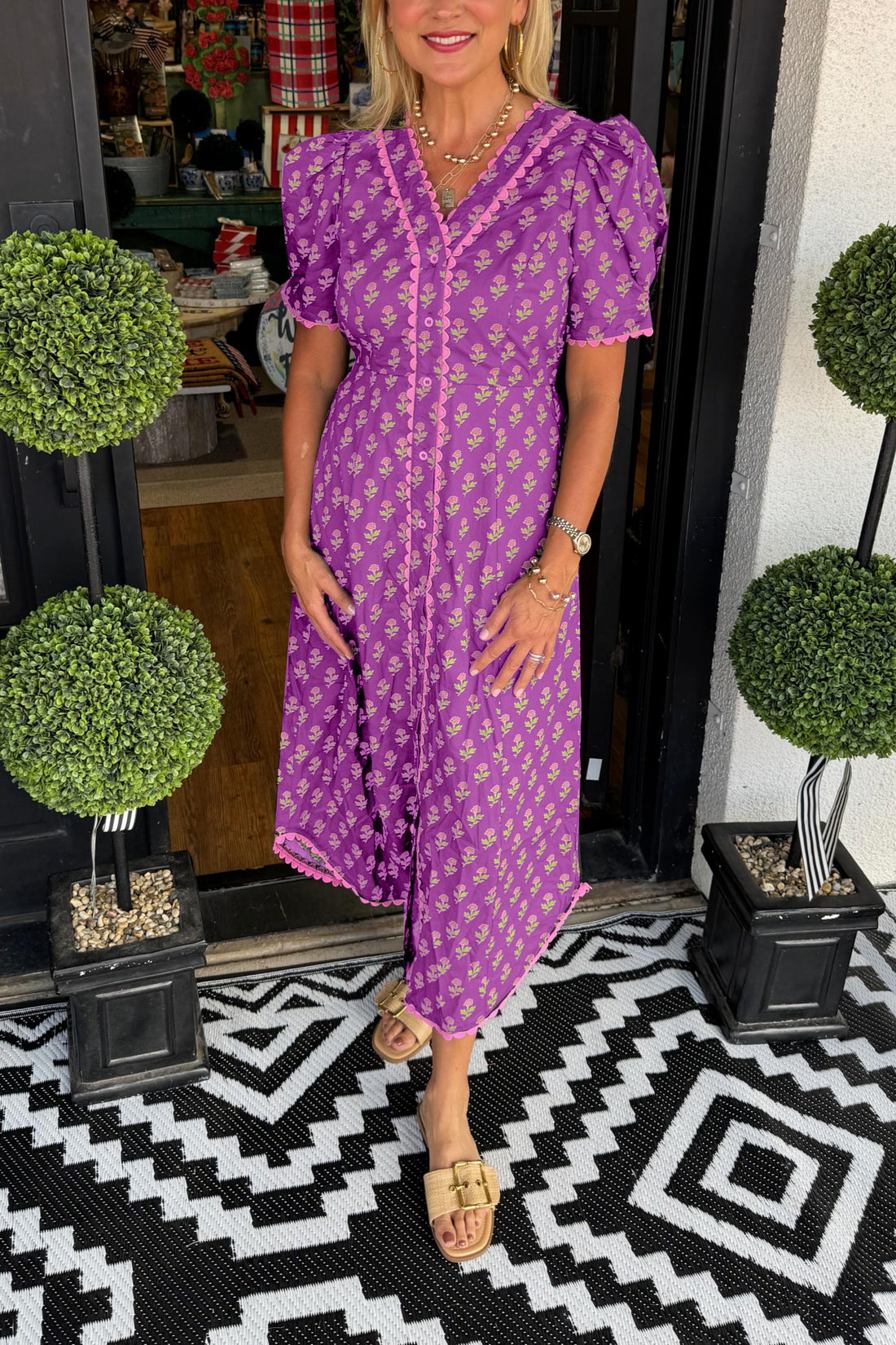 Women's V-neck Puff Sleeve Contrast Print Maxi Dress