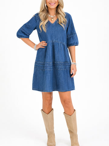 Women's V-Neck Denim Babydoll Dress