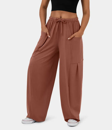 Mid-rise Elastic Drawstring Side Wide-leg Track Pants